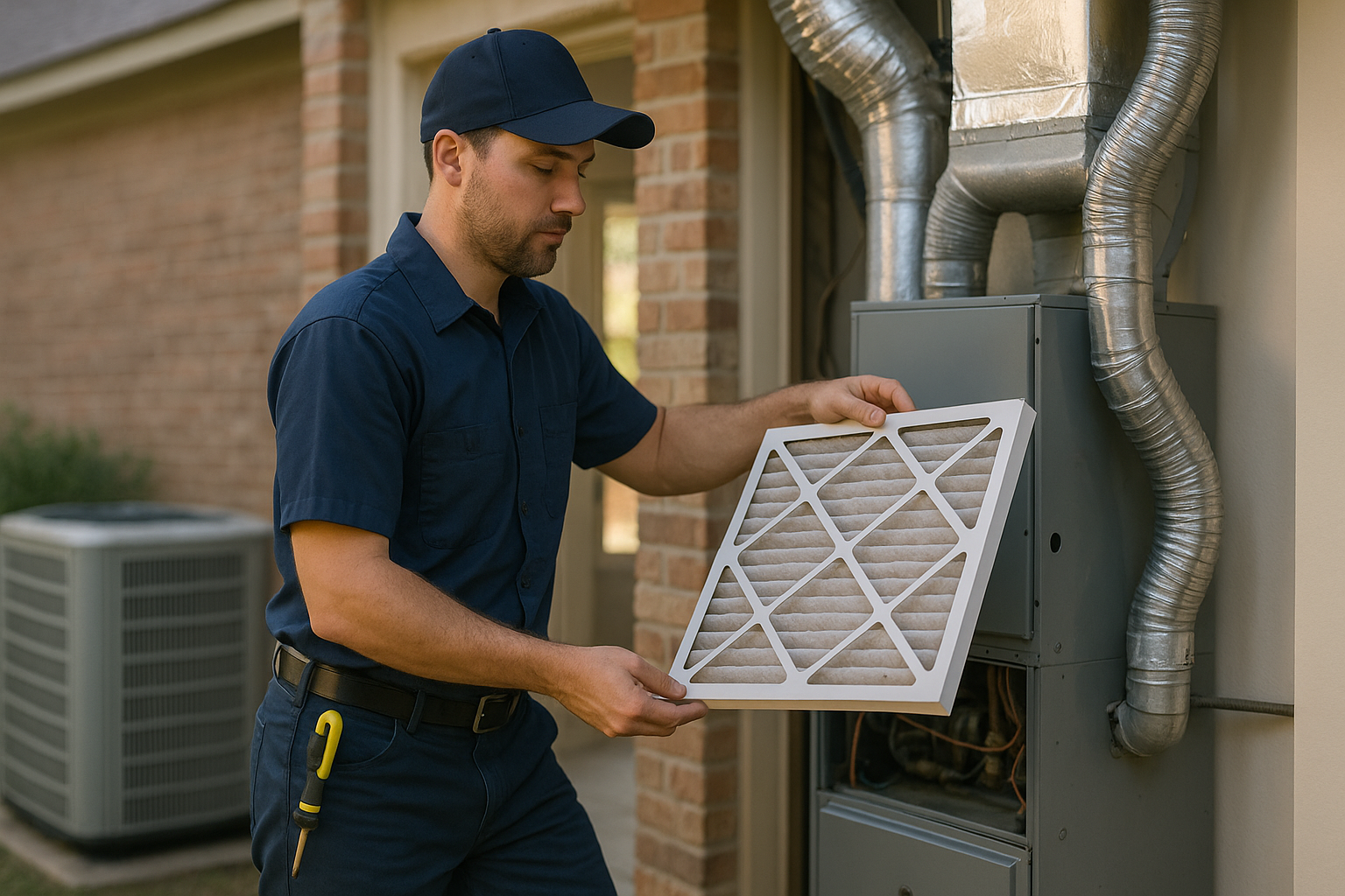 Editorial illustration depicting hvac filter change frequency sugar land humidity